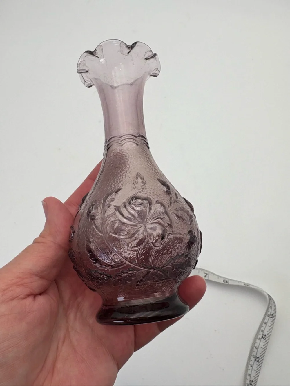 Vintage Imperial Glass Purple Embossed Glass “Rose” Bud Vase